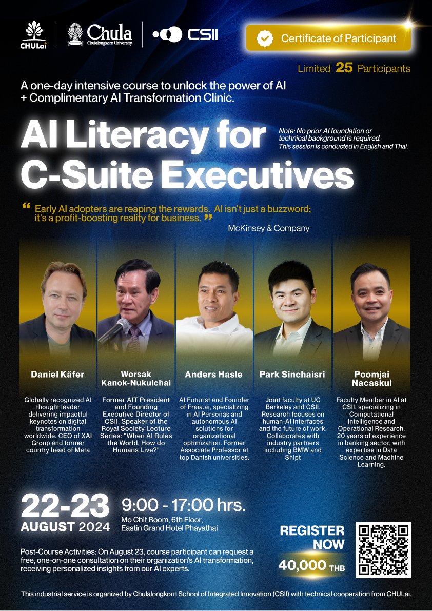 Just published Transform Your Leadership in the AI Era: A One-Day Intensive Course for C-Suite Executives link.medium.com/6Z4kBW5B3Lb 

Join FRAIA’s one-day course on August 22, 2024, in Bangkok, crafted for C-suite executives. Gain essential AI knowledge for your organization. #AI