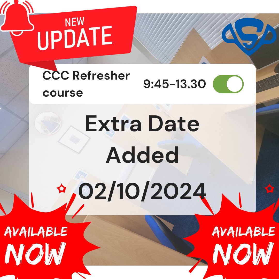 Important update!!

An additional day has been added for the CCC Refresher course. Make sure to book on ASAP spaces are filling up quickly!!

Book on our website- qsptraining.co.uk/book-online

Or call us on- 0121 565 2277