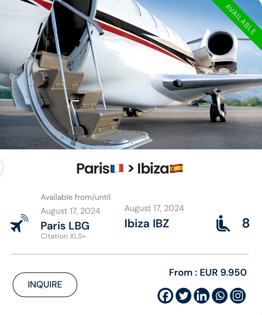 ⚠️Don't miss out on extraordinary PRIVATE JET DEALS⚠️
 🏝️Ibiza this weekend?☀️
t.ly/6KCUA
team@jetscanner.net

#LuxuryJetDeal #LuxuryFlight #JetSetLife #LuxuryTravel #baleares #Beach #ibiza #urlaub #emptyleg #ibizastyle #ibizabeach #ibizalife #dj #summer #party