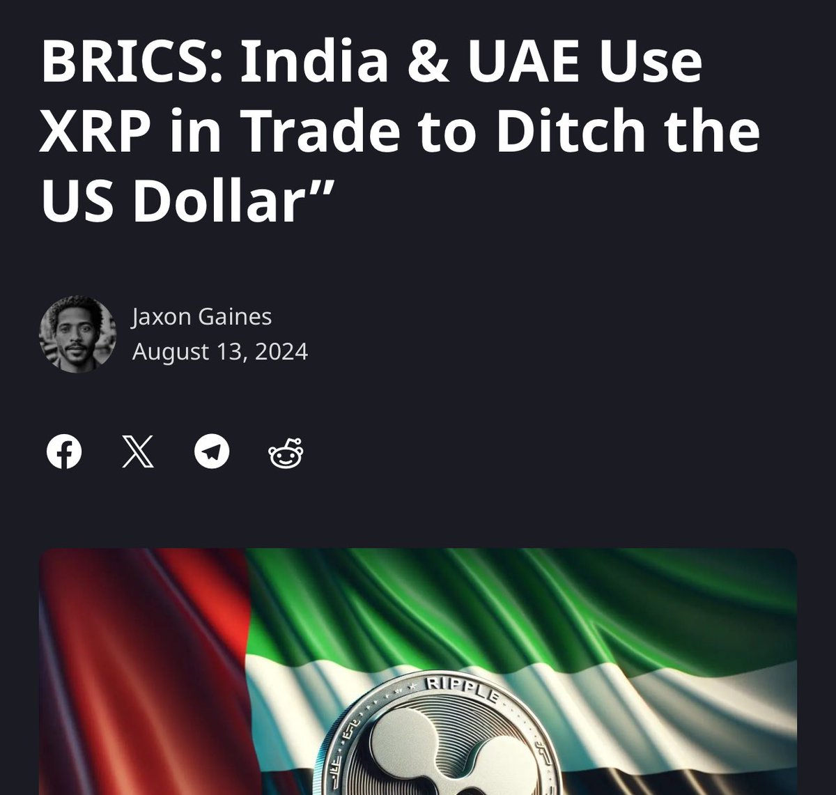 Told y'all $XRP was the future!  

While others were sleeping, XRP just facilitated a major trade between India &amp; UAE, bypassing the US dollar. 

Next stop? $20 and beyond. #XRP #BRICS #CryptoRevolution