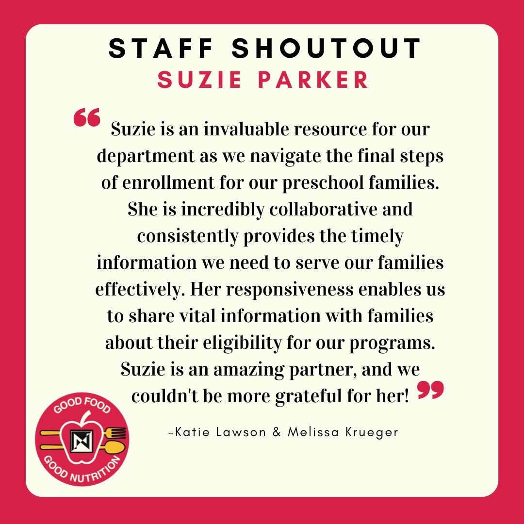 nkcfood's tweet photo. Shoutout to Suzie Parker! Congratulations! Thank you for all your hard work and dedication! Suzie's kindness and collaboration helps to serve students, families and the entire NKC district. Thank you Suzie! We appreciate you!❤
@NKCSchools https://t.co/HTczqaeZJe