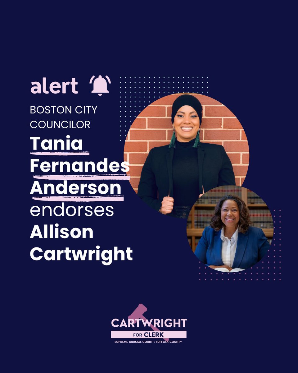 ElectCartwright's tweet image. 🚨 ENDORSEMENT ALERT ‼️: Allison is thrilled to earn the endorsement of Boston City Councilor Tania Fernandes Anderson!
👉 Learn more about the #cartwrightforclerk campaign here! cartwrightforclerk.org