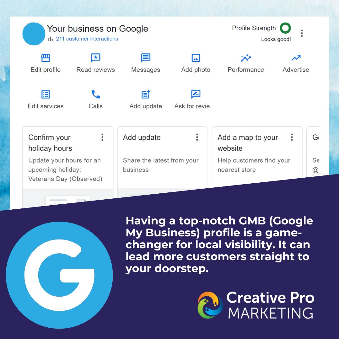 CreativeProMktg's tweet image. Having a well-optimized Google My Business (GMB) profile is a game-changer for local visibility. Ready to enhance your online presence and bring in more customers? Contact us today at 888.448.6998 or email us at hello@creativepromarketing.com. #visibility #localsearch