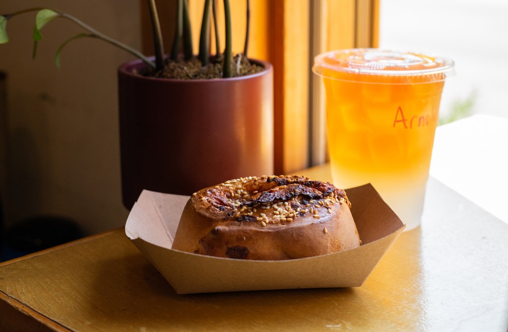What's this delight? ! 
Ham and cheese morning bun and Arnold Palmer