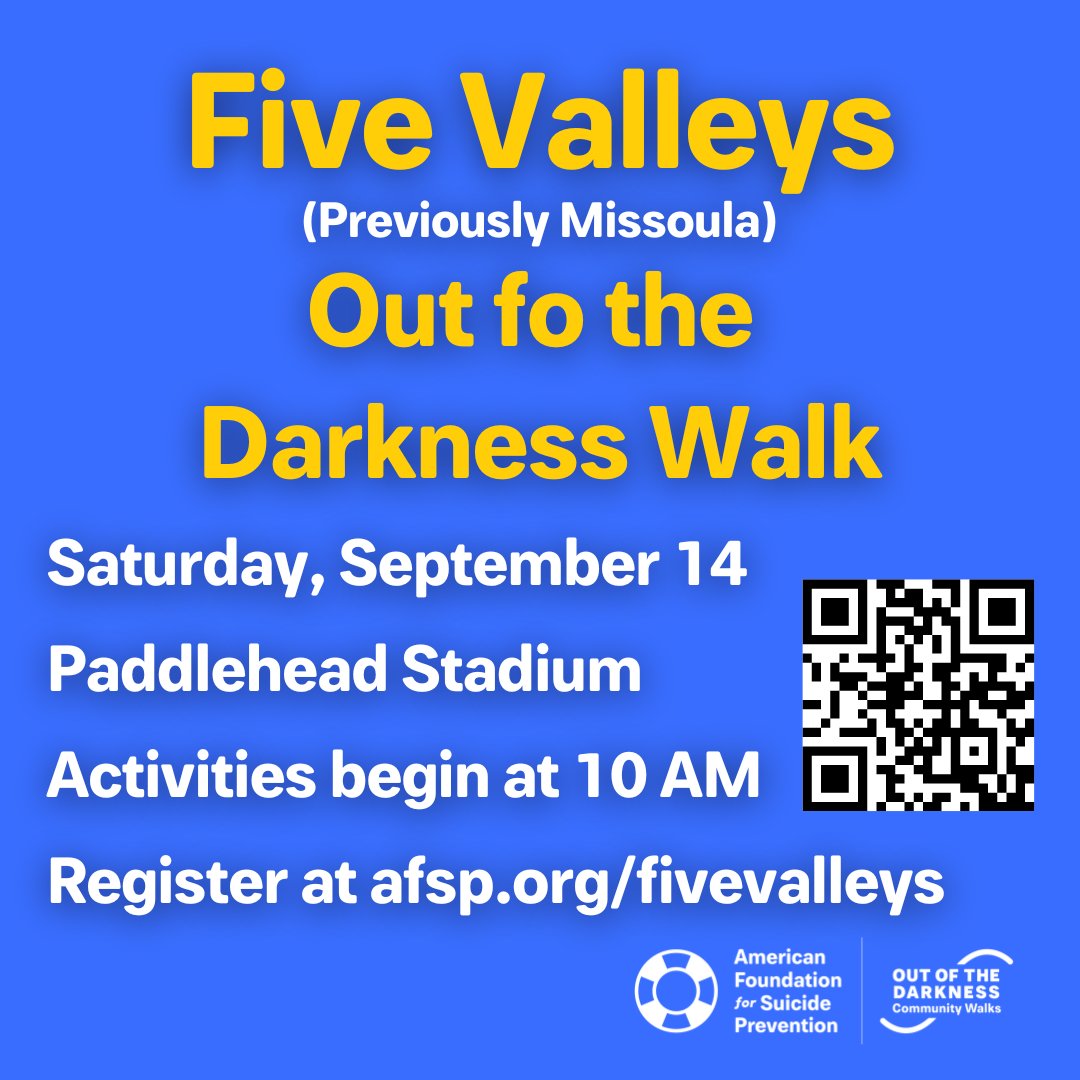 MslaHealthDept's tweet photo. Register today for the Five Valleys Walk Out of the Darkness Walk.

September 14 at Paddlehead Stadium. Activities start at 10am.

Register at https://t.co/HxAcUBS6fH.

#outofdarknesswalk #walktopreventsuicide #projecttomorrow https://t.co/uwenllslbp