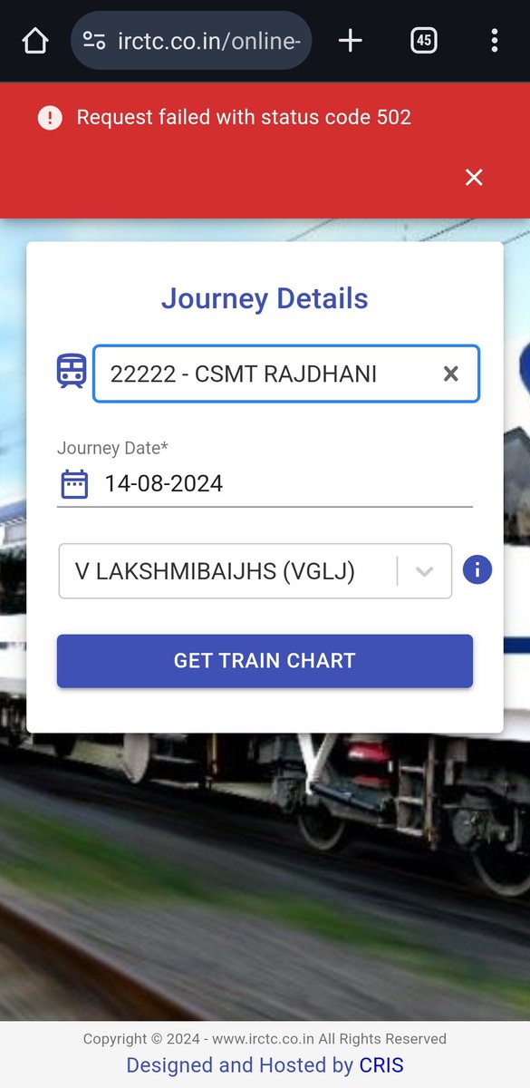 AdvDeepakDubey's tweet image. Dear @IRCTCofficial @RailMinIndia @RailwaySeva @Central_Railway ,

Getting 502 error from last 2 hours and unable to view latest vacant seat for train number 22222.

Please help as train is expected to arrive at VGLJ in next 1 hour.

#RailMadat #IndianRailway #502error #Irctc