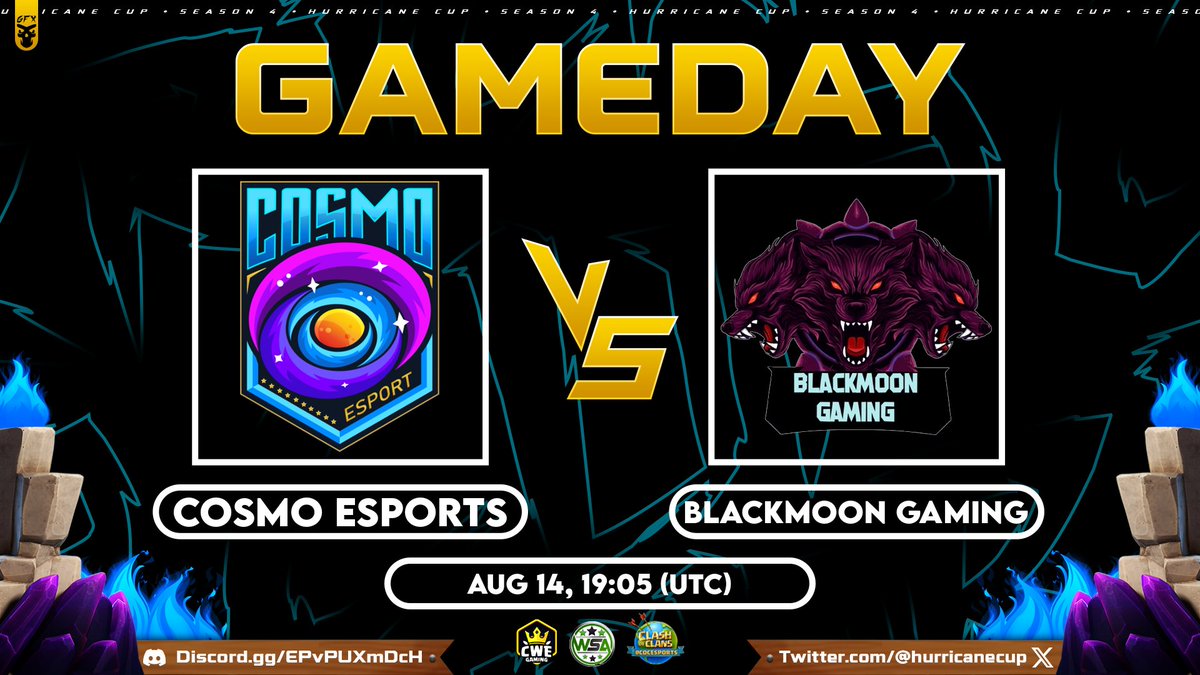 The match of the day is happening in just a few hours! Cosmo eSports and BlackMoon Gaming will go head-to-head in an exciting match! 

⚔️ @Cosmo_Esportss vs <a href="/BlackMoon_Clash/">BlackMoon Gaming</a>
⏰ Aug 14 @ 19:05 UTC

#HurricaneOnTop | #ClashofClans