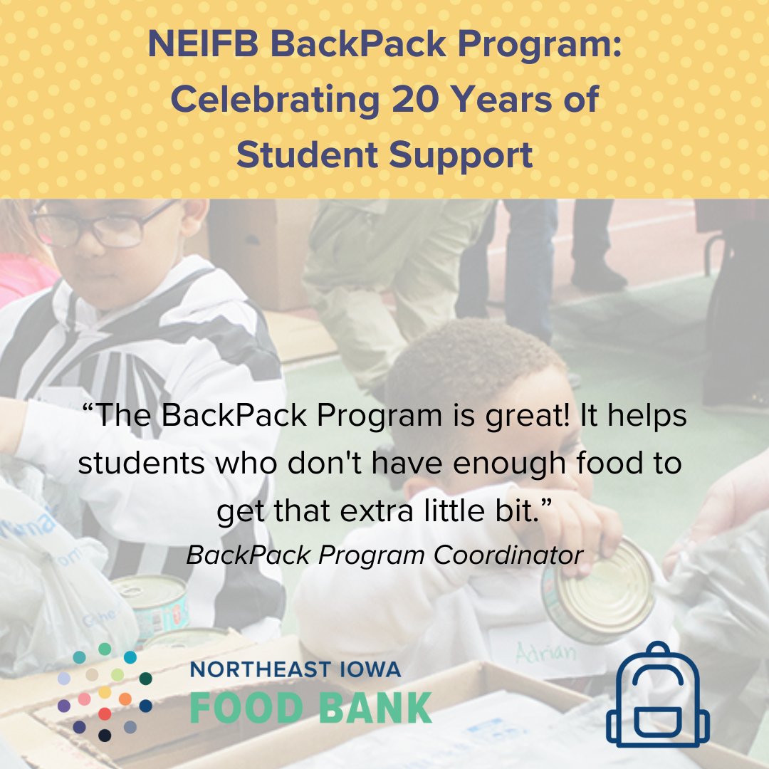 NEIFB's tweet photo. 🎉 Every day this week, we're celebrating the 20th anniversary of our #BackPackProgram, a vital resource in our mission to combat childhood hunger in northeast Iowa. 82% of parents are satisfied or very satisfied with the program.
#NEIFB #FeedingnortheastIowa #FeedingAmerica https://t.co/NM5QlrF7du