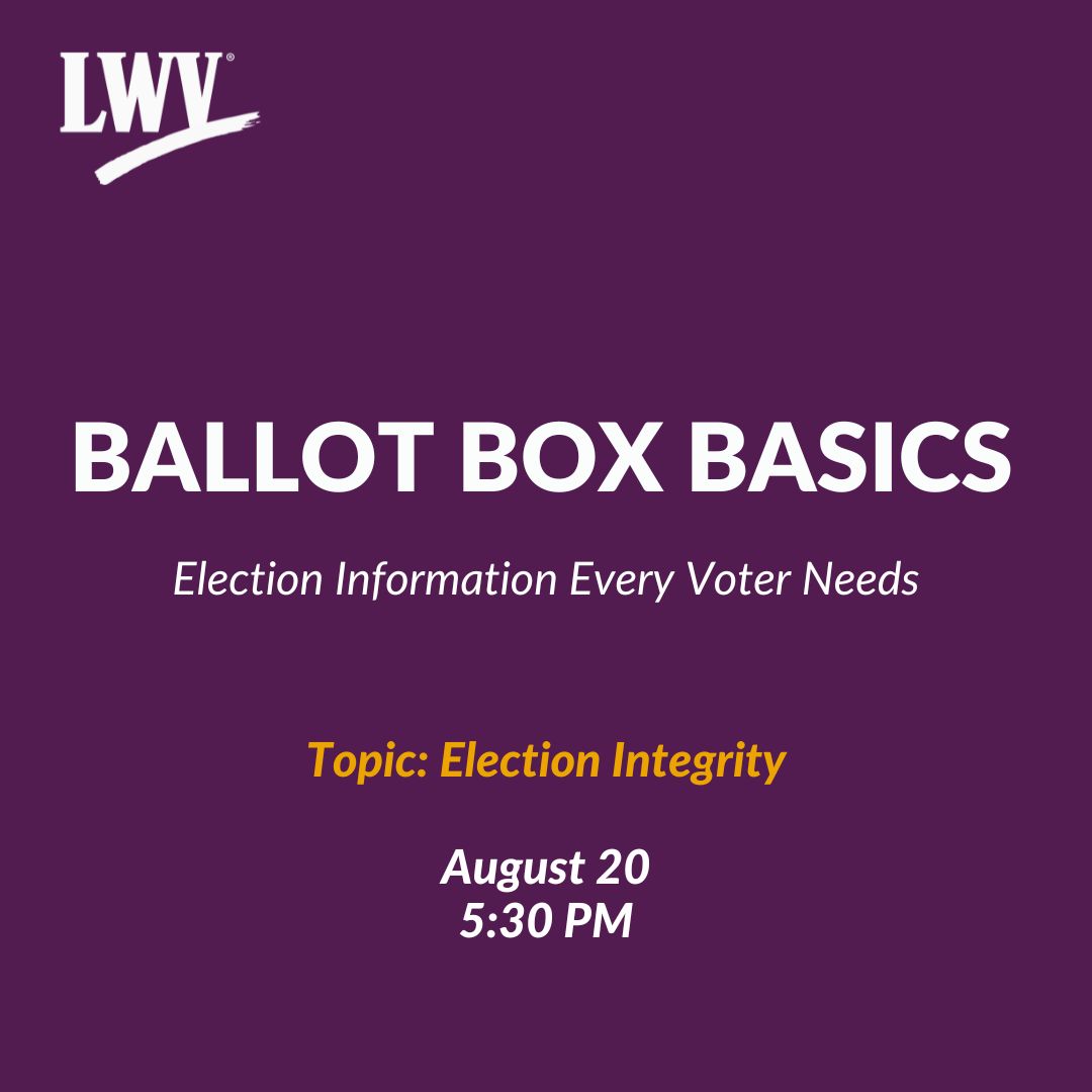 Join us on Zoom at 5:30pm on 8/20 to learn more about election integrity! Thad Hall, Mercer County Director of Elections, and Timothy Benyo, Lehigh County Chief Clerk - Registration and Elections will join us for this discussion. Register here: palwv.org/events