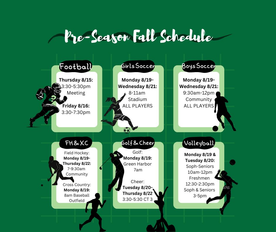 Here is the Practice Schedule for the start of the Fall Sport Pre-Season. Good luck to all those trying out!