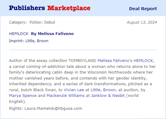 Melissa Faliveno (@melissafaliveno) on Twitter photo Some news! In a totally surreal turn of events, I wrote a novel! And it's going to be published by <a href="/littlebrown/">Little, Brown and Co</a>! I'm ridiculously excited to work with the brilliant <a href="/vivianwmlee/">Vivian Lee</a> to bring this dark, queer, woodsy, Midwestern fever dream to life. HEMLOCK, coming soon! 🌲🦌👻🖤 Some news! In a totally surreal turn of events, I wrote a novel! And it's going to be published by <a href="/littlebrown/">Little, Brown and Co</a>! I'm ridiculously excited to work with the brilliant <a href="/vivianwmlee/">Vivian Lee</a> to bring this dark, queer, woodsy, Midwestern fever dream to life. HEMLOCK, coming soon! 🌲🦌👻🖤