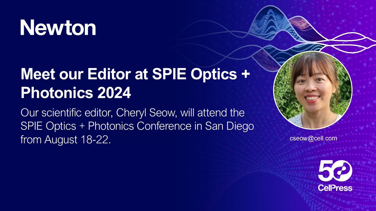Are you attending <a href="/spietweets/">SPIE</a> Optics + Photonics 2024? Cheryl Seow, our scientific editor for #optics and #photonics, would be happy to discuss your research and tell you more about the new #physics journal Newton. Get in touch via email (cseow@cell.com)