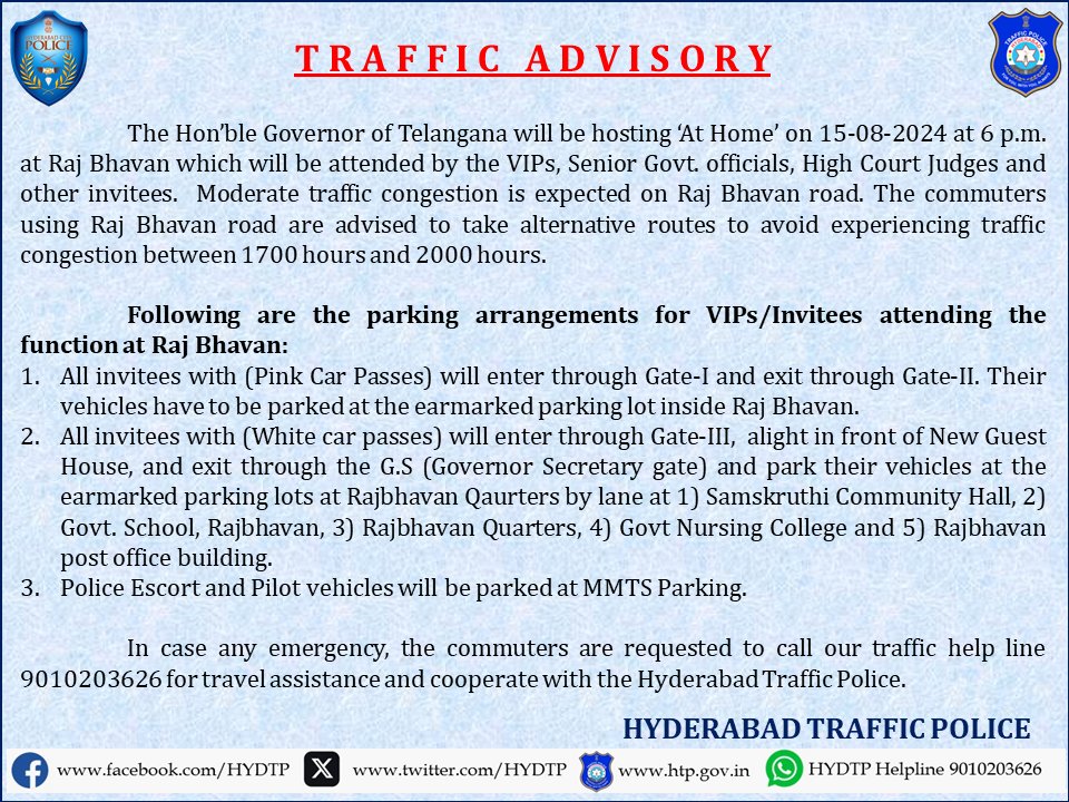 #HYDTPinfo
Commuters, please make a note of traffic restrictions/diversions in view of INDEPENDENCE DAY Celebrations on 15-08-2024, the Hon’ble Governor of Telangana State will be hosting a reception ‘AT HOME’ at Raj Bhavan, Hyderabad at 1800 hrs.
#IndependenceDay2024