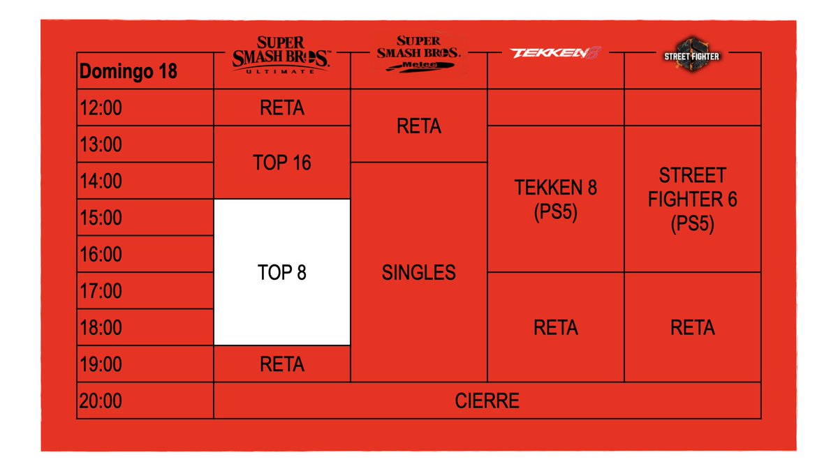¡ACTUALIZACIÓN DE HORARIOS! ‼️

Este es el programa de actividades que se llevarán a cabo este fin de semana. ⌚️

Recuerda que hoy es el último día para confirmar tu asistencia al torneo de Super Smash Bros. Ultimate enviando tu comprobante. 📩