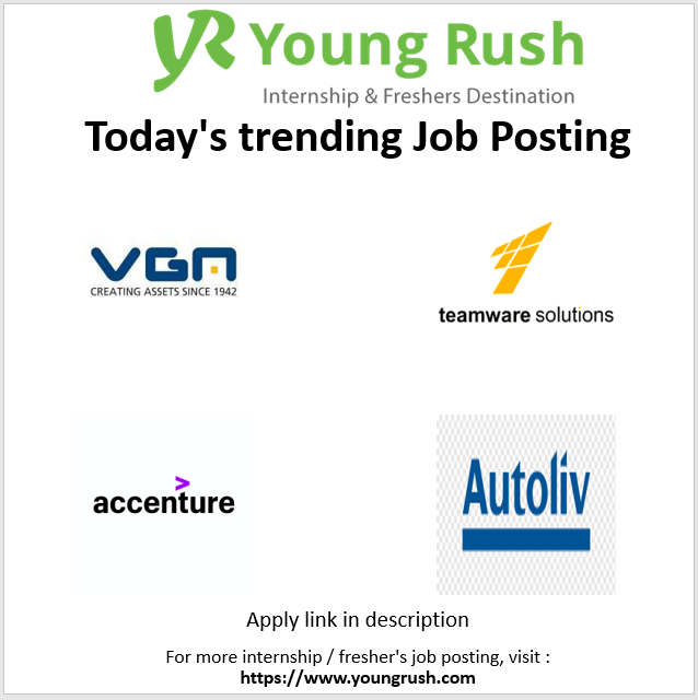 youngrushindia's tweet photo. Today's trending Internship &amp; Fresher's Job Postings:

VGN : https://t.co/IItDe9ahgF
TWSOL : https://t.co/BAFR2io2sE
Autoliv : https://t.co/YFeiszeqC7
Accenture : https://t.co/tfME7bQIfz

#youngrush #internships #freshers #hiring https://t.co/vo9N84w92E