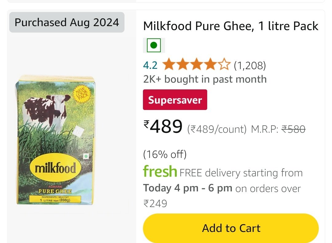 DEEPAK_0616's tweet photo. @amazonIN @amazon 
Again the same cheat undersize pack of 900ml(808)gm milk food desi ghee received against order of 1 liter(898)gm ordered vide order no406-6424430-1234759 dt 06/08/24 received product on 11/08/24 https://t.co/rTNwpsfD2j