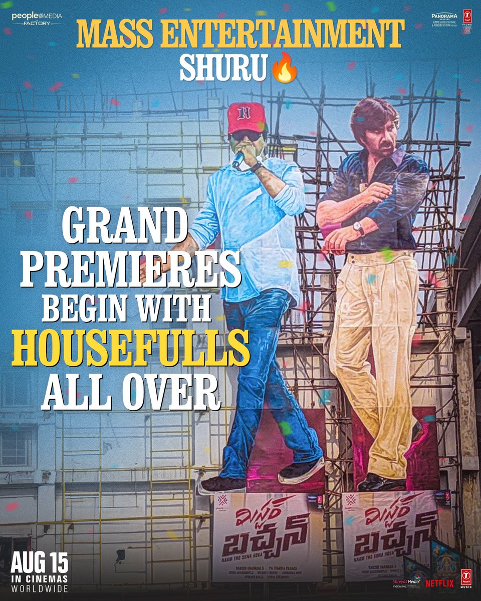 peoplemediafcy's tweet photo. Bachchan Saab ka entertainment shuru hogaya 💥💥

#MrBachchan premieres shows begin with housefulls all over. It is MASS MAHARAAJ'S MASS MANIA in cinemas ❤️‍🔥

Grand worldwide release tomorrow. Book your tickets now!
🎟️ https://t.co/WUuHnBw9Fa

#MassReunion
Mass Maharaaj @RaviTeja_offl #BhagyashriBorse @harish2you @vishwaprasadtg @peoplemediafcy @TSeries @PanoramaMovies @MickeyJMeyer @vivekkuchibotla #KrithiPrasad @tseriessouth