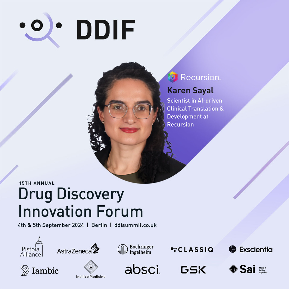 At the Drug Discovery Innovation Forum in Berlin Sept. 4-5, Karen Sayal - industry-leading scientist in AI-driven Clinical Translation &amp; Clinical Development - will give a talk on the synergistic advancement of #AI-enabled drug discovery &amp; #regulation. #DDIF #DDIF2024
