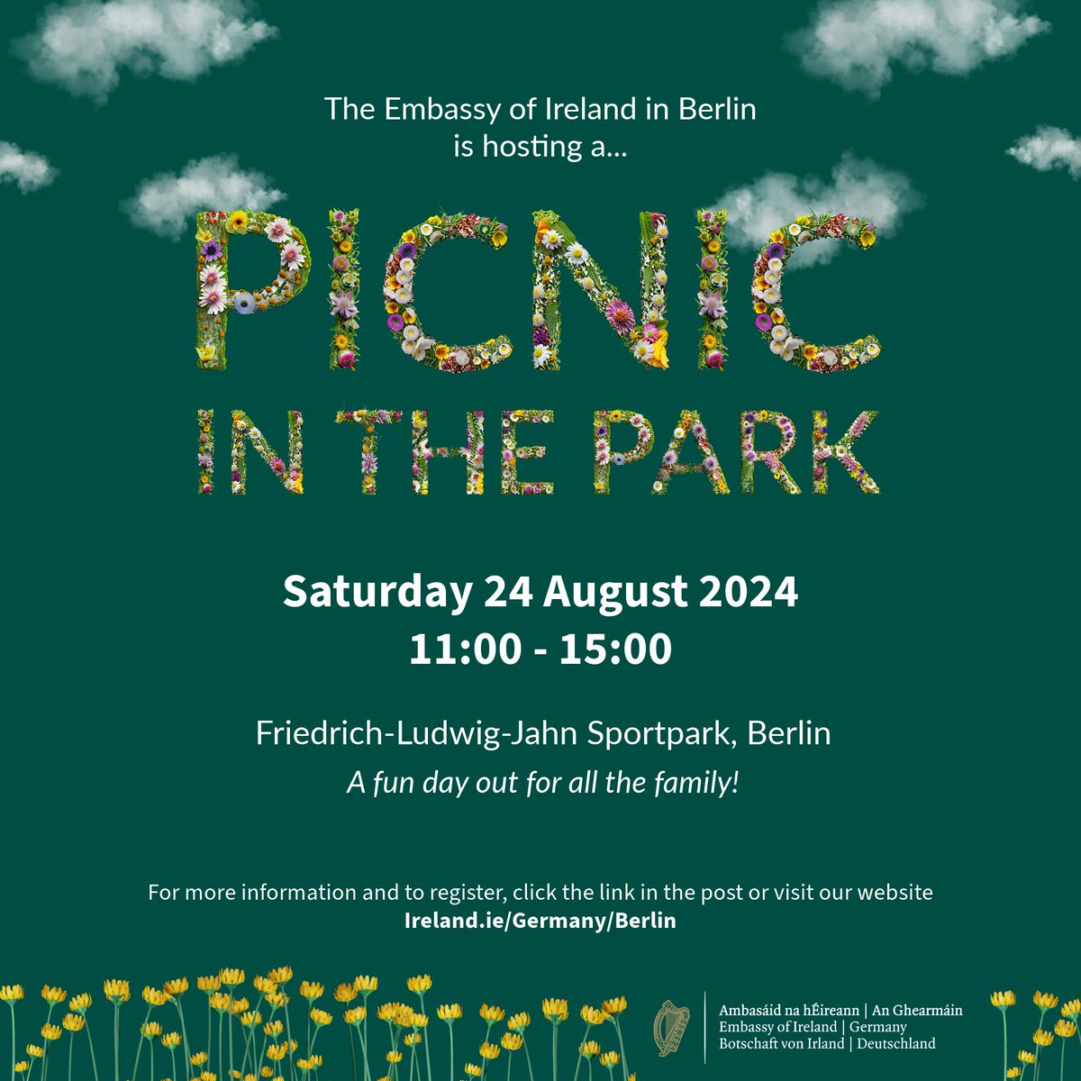irlembberlin's tweet photo. 🌼10 days until our Picnic in the Park!🌼
Looking for something to do before the Long Night of Museums #LNDMBerlin?
Join us on 24.08 for a family-friendly day of 🇮🇪-inspired entertainment in Friedrich-Ludwig-Jahn Sportpark.
For more info + registration: https://t.co/Hy17mk1mCR https://t.co/h9BfPpe7zm