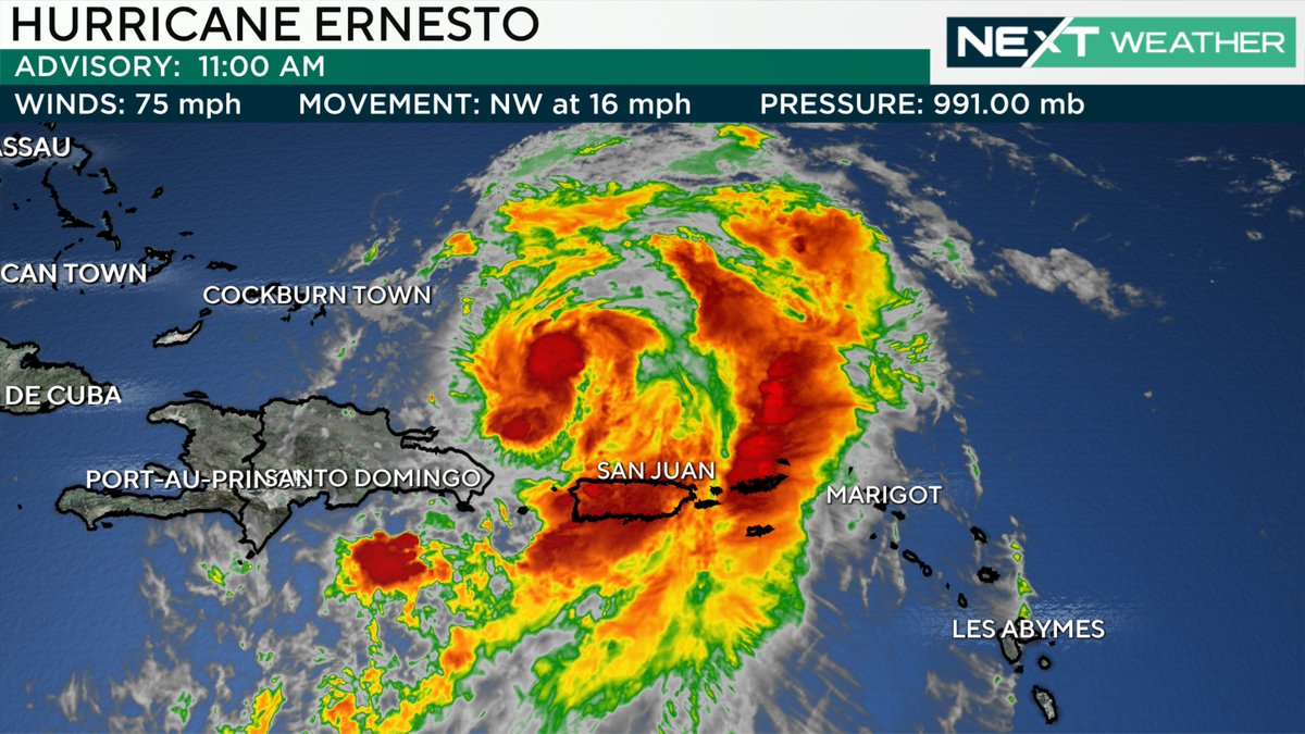 GrantGilmoreWX's tweet photo. ERNESTO NOW A HURRICANE | #Ernesto has strengthened to a hurricane with 75 mph winds as it pulls north of Puerto Rico. The storm will continue to strengthen to category 3 status with winds of 115 mph as it approaches Bermuda before this weekend. https://t.co/EnHNnJBvFU