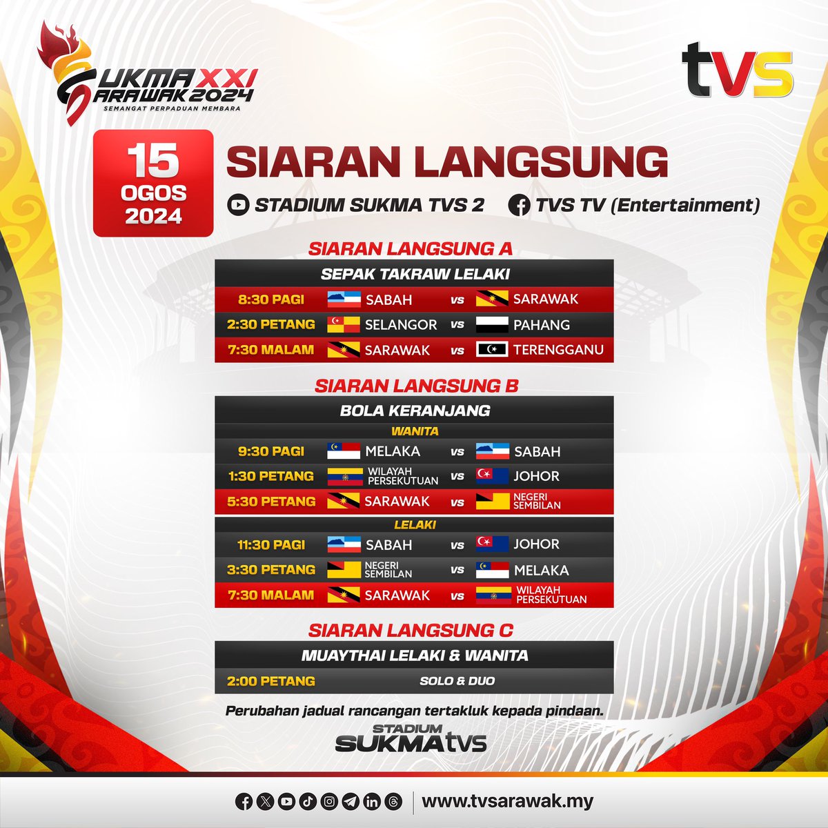 tvsarawak's tweet photo. Bahang semakin dirasai! 
Ayuh tonton TVS untuk menonton atlet-atlet Malaysia beraksi di SUKMA Sarawak 2024 secara langsung!

📺 TVS Saluran 122 MYTV, Unifi TV and Astro
🖥️ https://t.co/lAywKYtLCc
📱 Saluran YouTube https://t.co/vcxqFS9cmi
📱 Saluran YouTube https://t.co/LkmMTKKaRw

#SUKMA2024 
#StadiumSUKMATVS 
#OohaaSUKMA