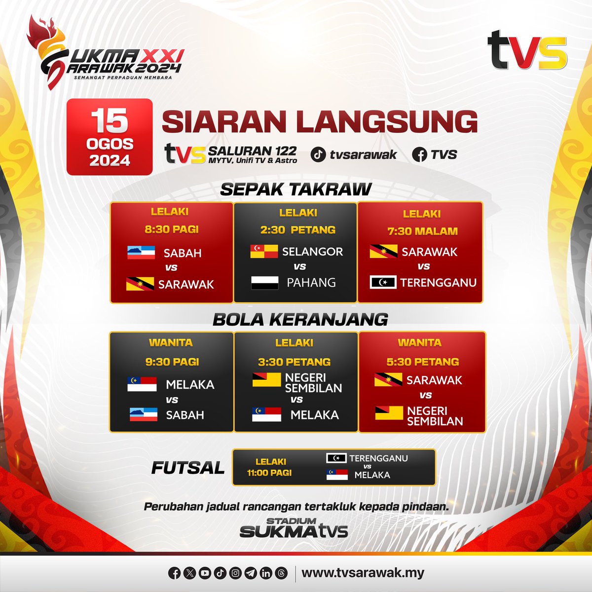 tvsarawak's tweet photo. Bahang semakin dirasai! 
Ayuh tonton TVS untuk menonton atlet-atlet Malaysia beraksi di SUKMA Sarawak 2024 secara langsung!

📺 TVS Saluran 122 MYTV, Unifi TV and Astro
🖥️ https://t.co/lAywKYtLCc
📱 Saluran YouTube https://t.co/vcxqFS9cmi
📱 Saluran YouTube https://t.co/LkmMTKKaRw

#SUKMA2024 
#StadiumSUKMATVS 
#OohaaSUKMA