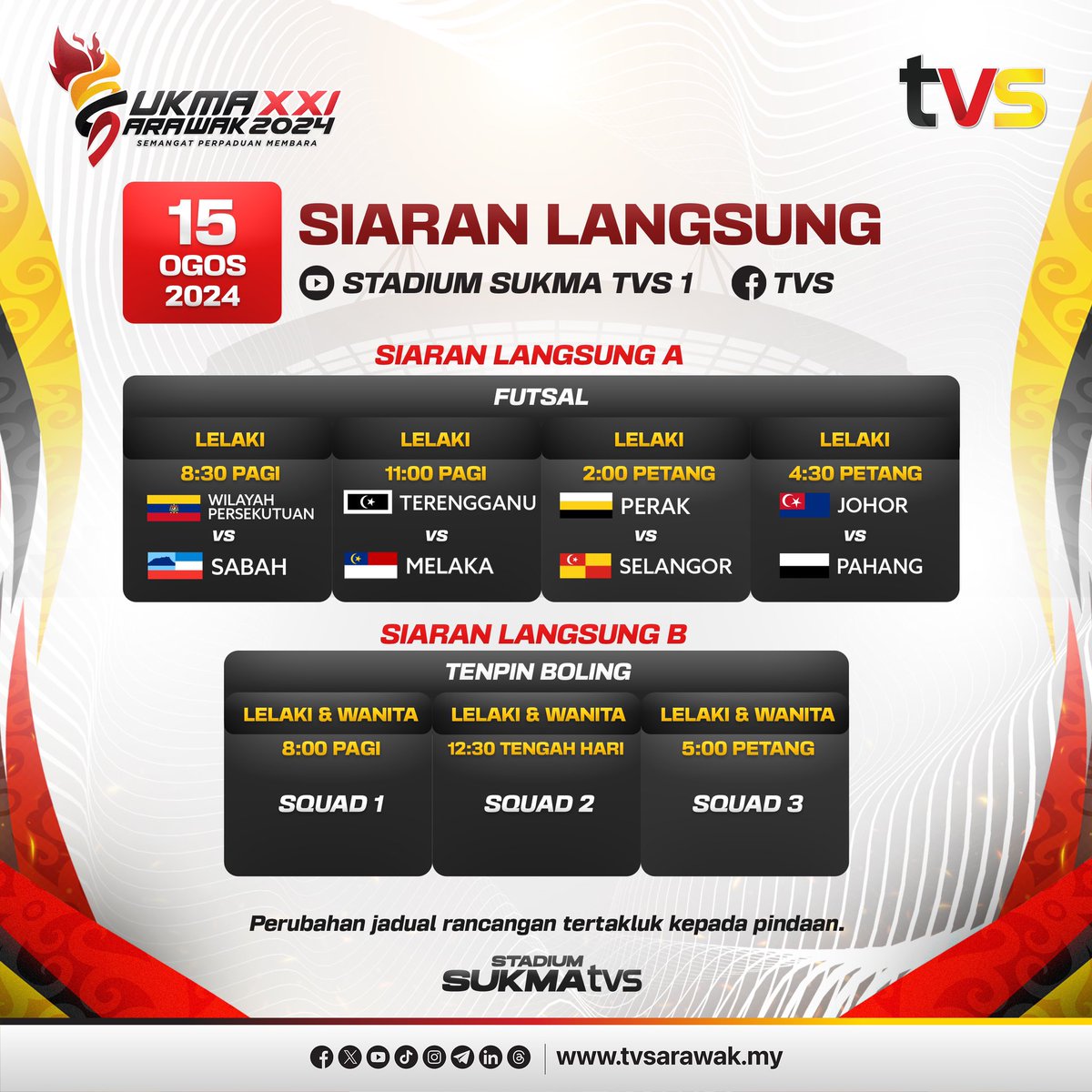 tvsarawak's tweet photo. Bahang semakin dirasai! 
Ayuh tonton TVS untuk menonton atlet-atlet Malaysia beraksi di SUKMA Sarawak 2024 secara langsung!

📺 TVS Saluran 122 MYTV, Unifi TV and Astro
🖥️ https://t.co/lAywKYtLCc
📱 Saluran YouTube https://t.co/vcxqFS9cmi
📱 Saluran YouTube https://t.co/LkmMTKKaRw

#SUKMA2024 
#StadiumSUKMATVS 
#OohaaSUKMA