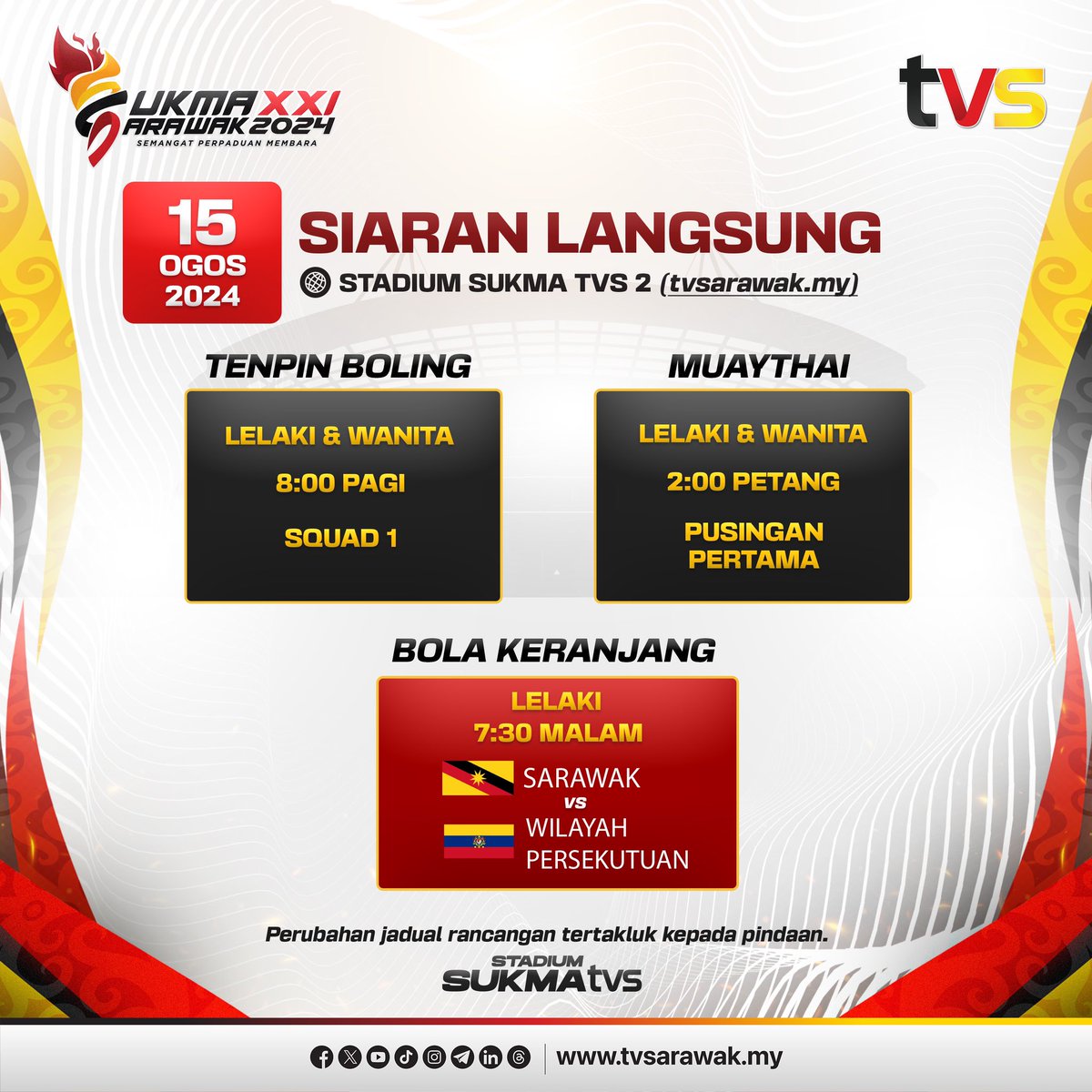 tvsarawak's tweet photo. Bahang semakin dirasai! 
Ayuh tonton TVS untuk menonton atlet-atlet Malaysia beraksi di SUKMA Sarawak 2024 secara langsung!

📺 TVS Saluran 122 MYTV, Unifi TV and Astro
🖥️ https://t.co/lAywKYtLCc
📱 Saluran YouTube https://t.co/vcxqFS9cmi
📱 Saluran YouTube https://t.co/LkmMTKKaRw

#SUKMA2024 
#StadiumSUKMATVS 
#OohaaSUKMA