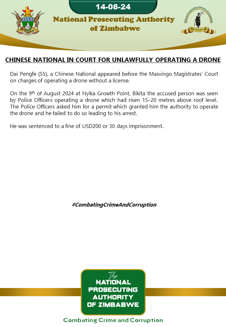 NPAZim's tweet photo. Chinese National in court for unlawfully operating a drone
#CombatingCrimeAndCorruption
@StarfmZimbabwe @HeraldZimbabwe @ChronicleZim https://t.co/2NDMUVcW4u