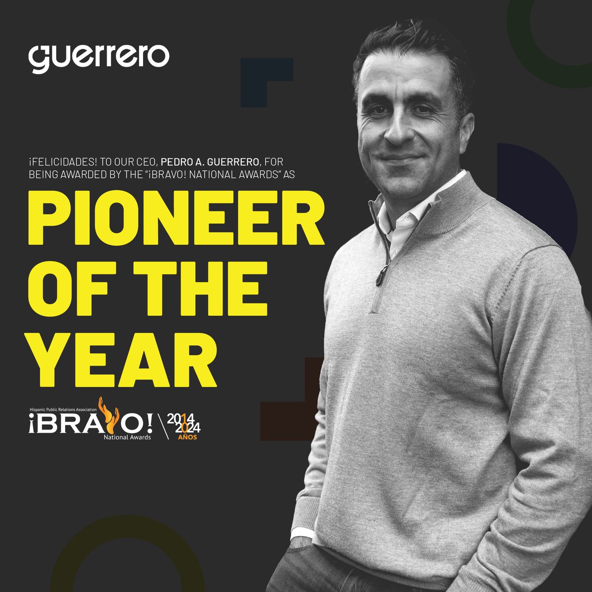 ✨ Big congratulations to our CEO, Pedro A. Guerrero, for being honored as the "Pioneer of the Year" by the <a href="/HPRAUSA/">Hispanic Public Relations Association</a> at the 2024 ¡BRAVO! Awards! 🎉

Here's to more milestones, Pedro, and to continuing to break barriers in our community. 

¡Felicidades!