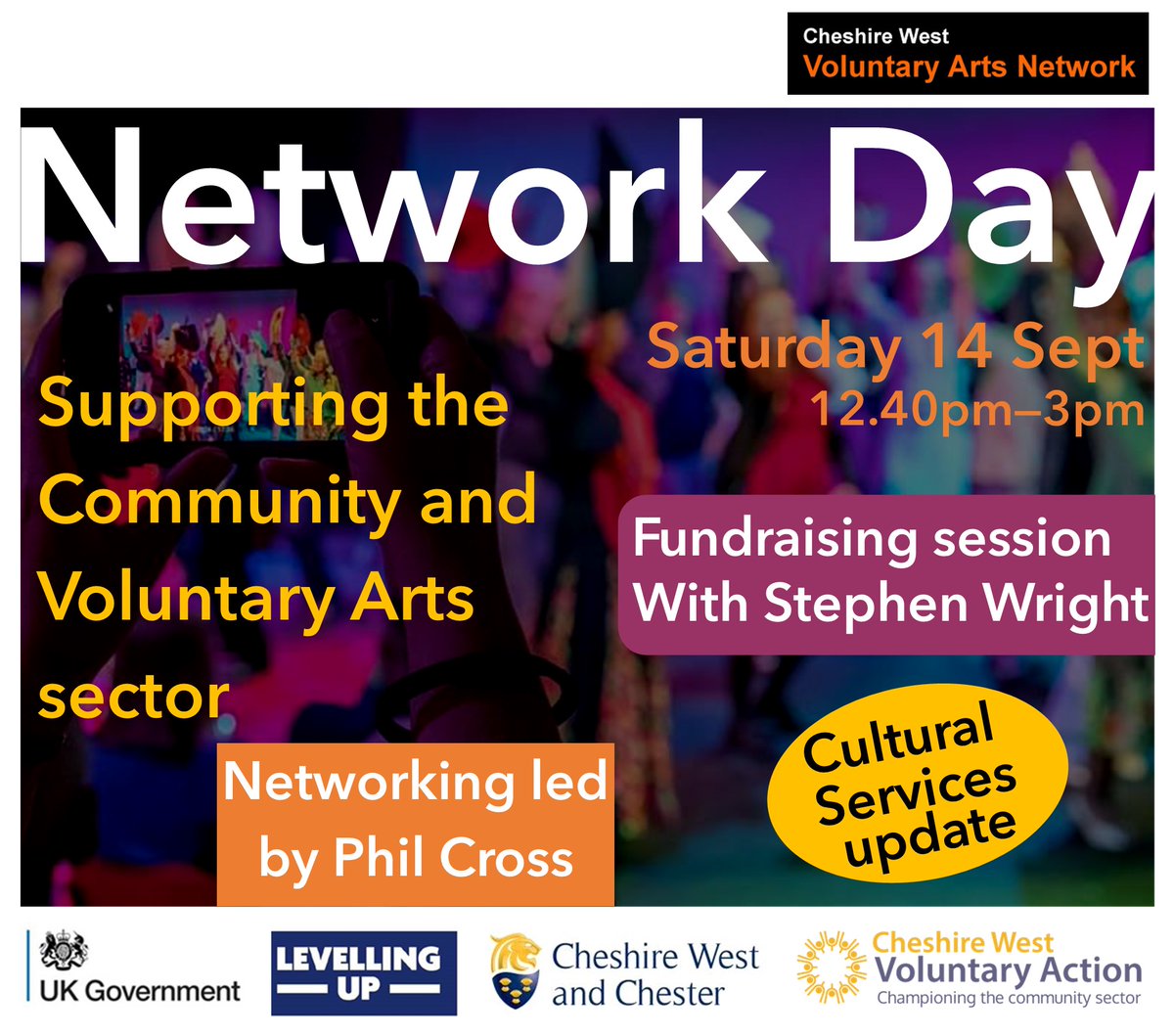 We'd love to chat to you and other like-minded groups and people who use arts to work with their communities. 
Join us on Saturday 14 September at <a href="/theatreporto/">Theatre Porto</a>.
To book your free place visit ticketsource.co.uk/cheshire-west-…