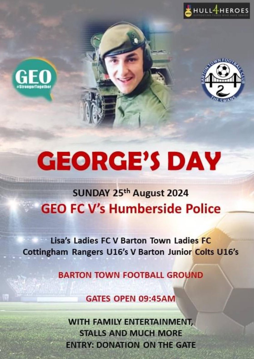 With only 2 weeks to go till George's day, come and join a fantastic day raising awareness for suicide prevention 

All profits go towards Hull4Heroes providing incredible support to our veterans including our GEO &amp; LISA support groups.