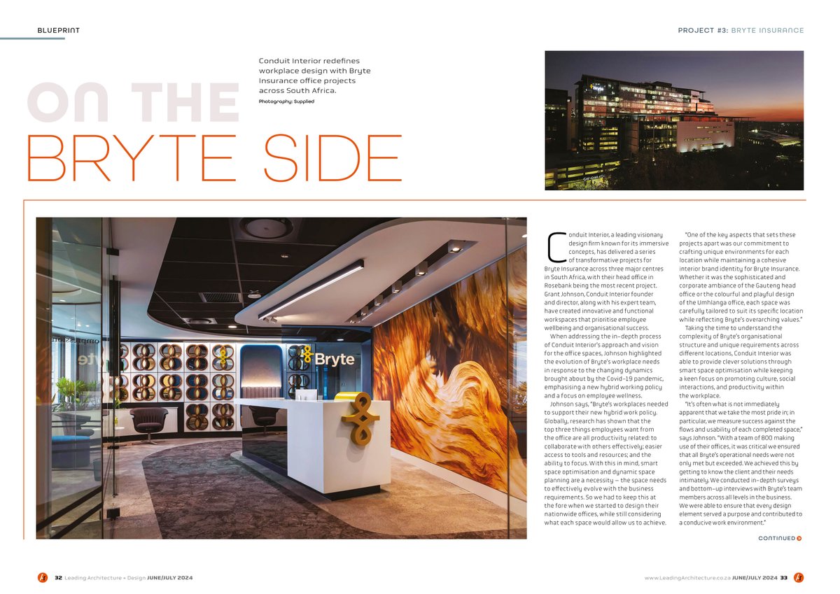 Conduit Interior redefines workplace design with Bryte Insurance office projects across South Africa. Find out more on this amazing project here: b2bcentral.co.za/digital-issues…

#InteriorDesign #CorporateSpaces #OfficeInterior #FeaturedProjects

📸: Supplied