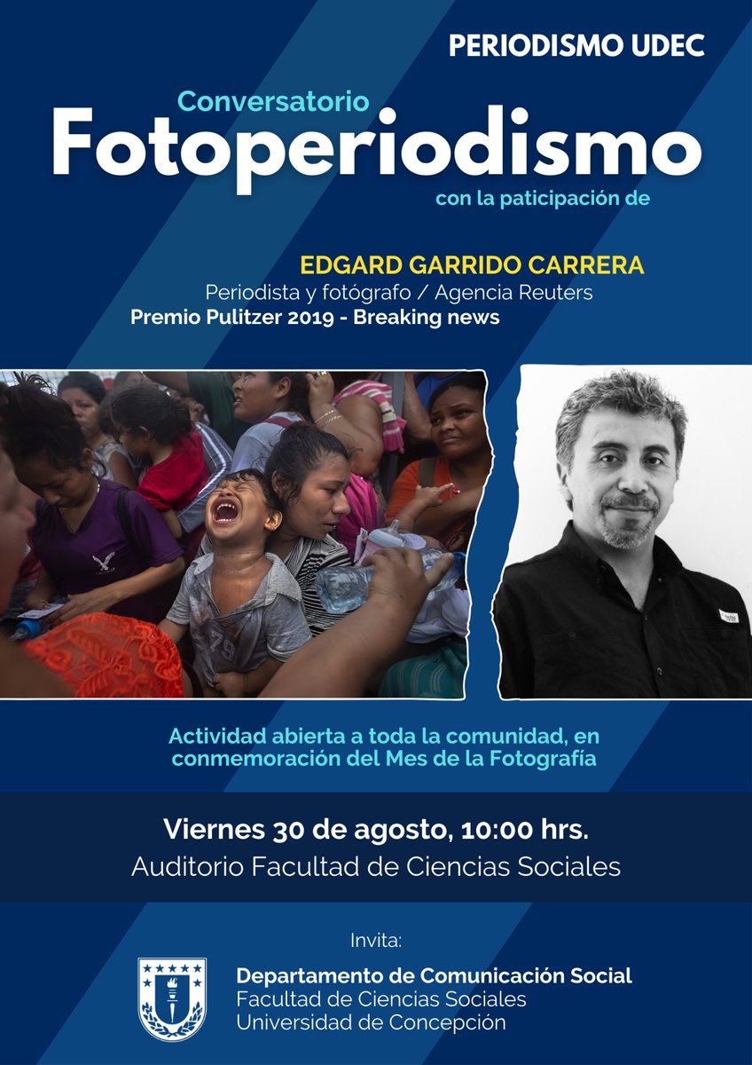 En el mes de la fotografía, el Departamento de Comunicación Social de la <a href="/udeconcepcion/">Universidad de Concepción</a> invita a la comunidad a un encuentro con el reconocido fotoperiodista Edgard Garrido, ganador del Premio Pulitzer por su cobertura a la crisis migratoria en Estados Unidos.

Los esperamos! 📸