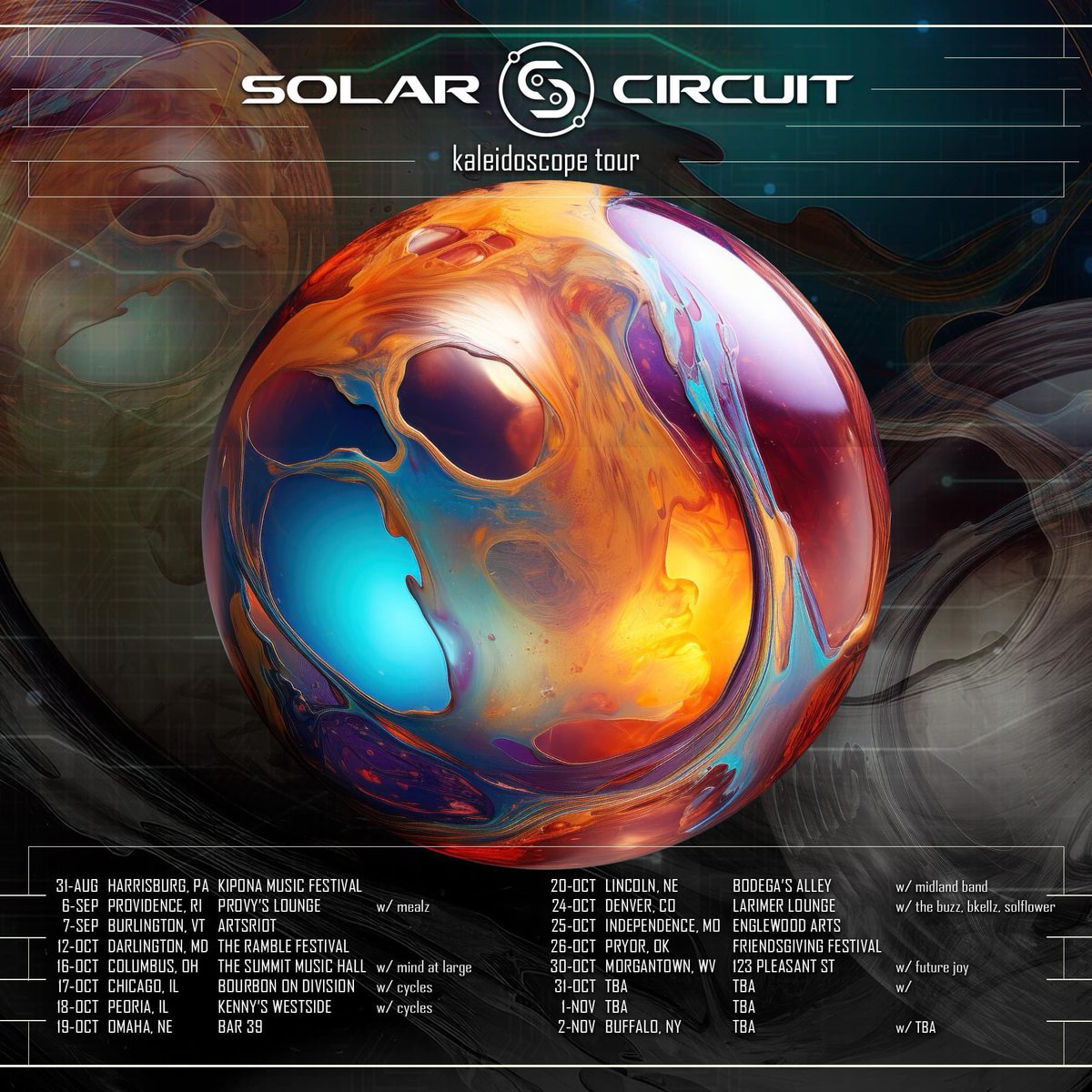 Solar_Circuit's tweet image. 🌀KALEIDOSCOPE FALL TOUR🌀
16 dates in 13 states across the country, with even more to come. See you out there!

tickets+details: solarcircuitmusic.com/tour