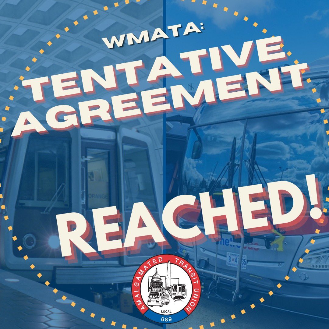 ATU Local 689 (@atulocal689) on Twitter photo 🚨 Local 689 is proud to announce that we have reached a tentative agreement on our contract with <a href="/wmata/">Metro Forward</a>! 🚨
Details will be presented to members later this week and a ratification vote will take place shortly thereafter. For more information, talk to your shop steward. 🚨 Local 689 is proud to announce that we have reached a tentative agreement on our contract with <a href="/wmata/">Metro Forward</a>! 🚨
Details will be presented to members later this week and a ratification vote will take place shortly thereafter. For more information, talk to your shop steward.