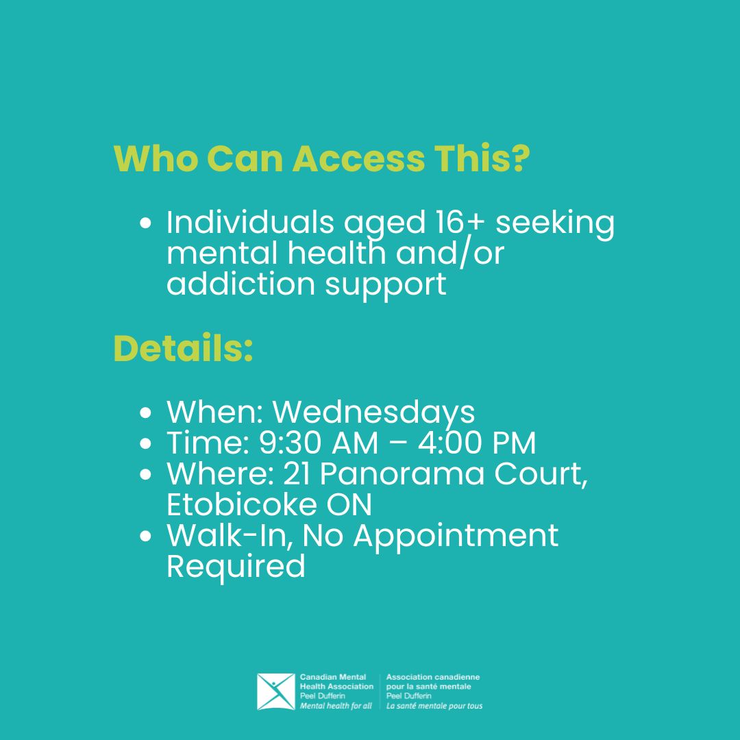 CMHAPeelDuff's tweet image. FREE 1:1 mental health & addiction support in Etobicoke!
🗓️ Wednesdays
🕒 9:30 AM – 4:00 PM
📍 21 Panorama Court, Etobicoke ON
🚶♂️ Walk-in, no appointment needed
#FreeSupport #MentalHealth #AddictionHelp #CommunityCare