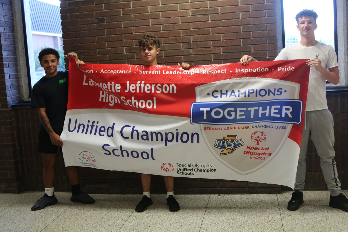 LSClafayette's tweet photo. Congratulations to JHS on being named a Unified Champion School - one of 50 schools in Indiana to be awarded a banner! Official recognition will be Oct. 11 and the JHS home football game. #UnifiedSports #SpecialOlympics @jeff_principal https://t.co/MeOtG6oCSv