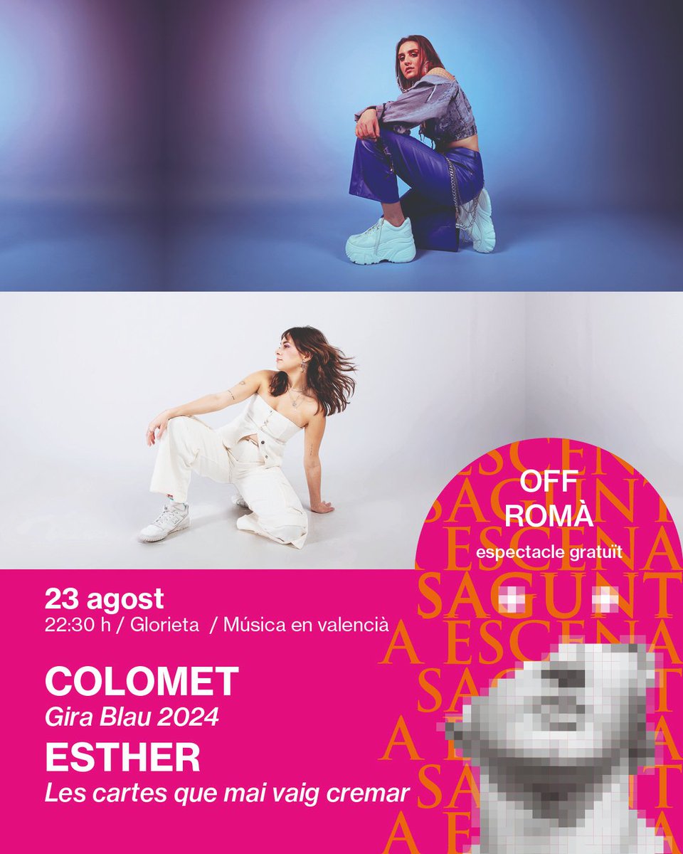 El dia 23 d’agost <a href="/Colomet22/">Colomet</a>  i <a href="/socesther/">ESTHER</a>  actuaran dins de la programació de <a href="/saguntaescena/">Sagunt A Escena</a> . Unes propostes fresques, juvenils i en valencià. El concert serà a la Glorieta a les 22:30 i és totalment gratuït. Vindràs?