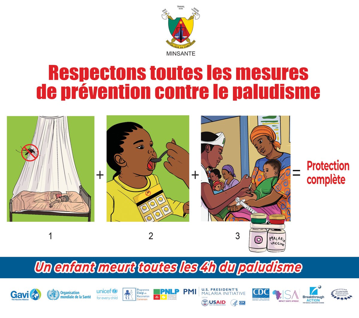 Renforçons la protection de nos enfants contre le #paludisme en les faisant vacciner dans les 42 districts de santé où le #vaccin est disponible au #Cameroun. 

Le vaccin est administré en 4 doses : à 6, 7, 9 et 24 mois. Il est sûr et efficace.
#Levaccinçamarche