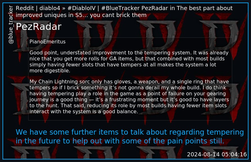 blue_tracker's tweet photo. #diablo4 #BlueTracker
PezRadar in The best part about improved uniques in S5… you cant brick them 
https://t.co/yfWKNhpyex https://t.co/7H3eJ0AQby