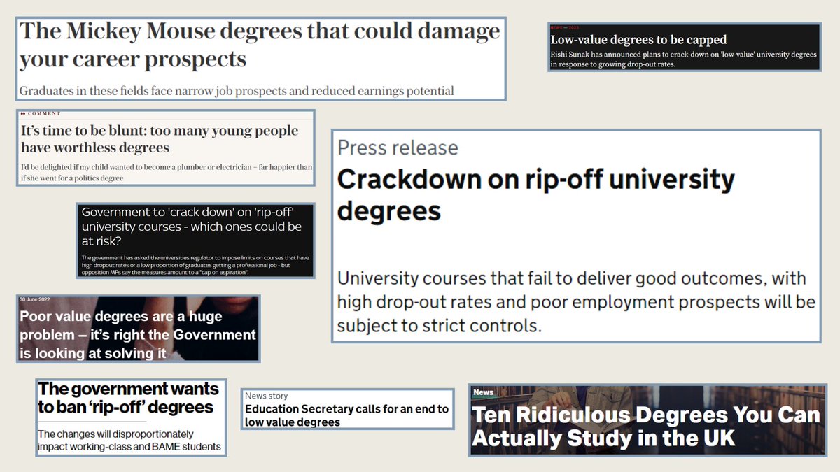 cerithrhys's tweet photo. Over the past few years, the idea that some degrees – mostly in arts and humanities subjects – are less valuable or useful has started to take hold. Many of us will have seen headlines like these about ‘rip-off’, ‘Mickey Mouse’, and ‘low value’ degrees. 🧵 1/9 https://t.co/QaYAMVf7w1