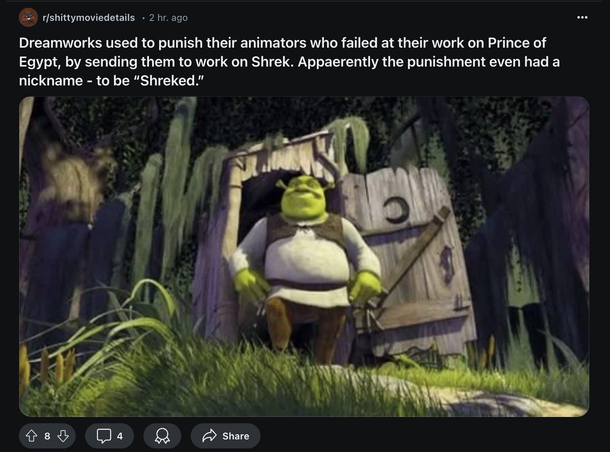 Q_Review's tweet photo. This isn't technically accurate. What happened was that Dreamworks animators who were more eccentric and didn't "fit in" on other projects were encouraged to work on Shrek instead. The creators wanted weird talent to help make a weird film. https://t.co/RGBYxH4pjg