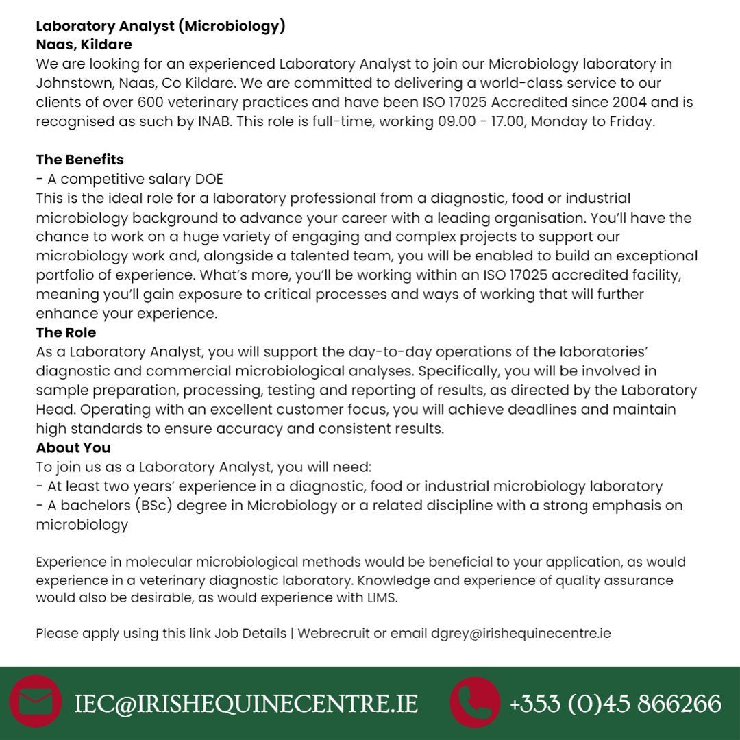 IrelandEquine's tweet image. We are hiring!
#labanalyst #laboratory #microbiologylab #vetlaboratory #vetlab