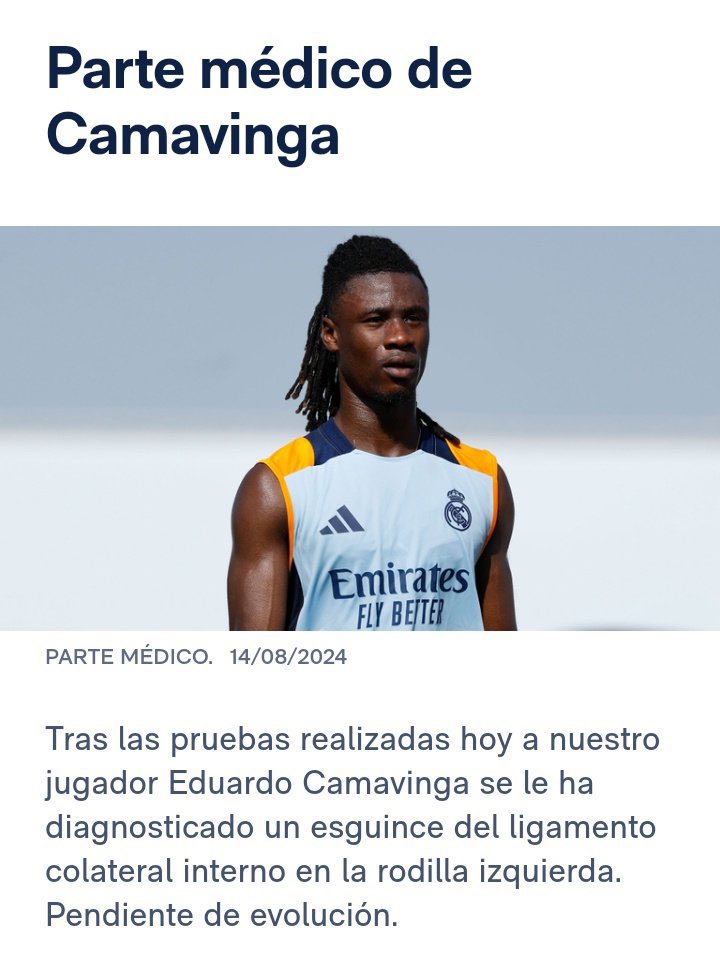🚨 Eduardo Camavinga estará entre 6-7 semanas de baja.

(<a href="/JLSanchez78/">José Luis Sánchez 🇪🇸</a>)
