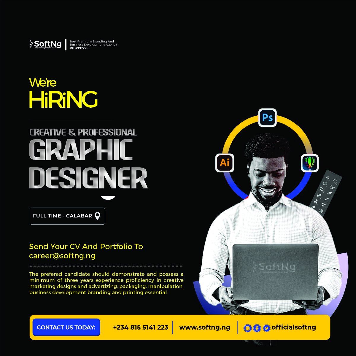 officialsoftng's tweet photo. NOW HIRING - PROFESSIONAL CREATIVE DESIGNER 

Oya now we are hunting for you 

Send your CV and Portfolio links to career@softng.ng. we are eager to have you here at SoftNg Calabar branch office https://t.co/whHoGTcZWM