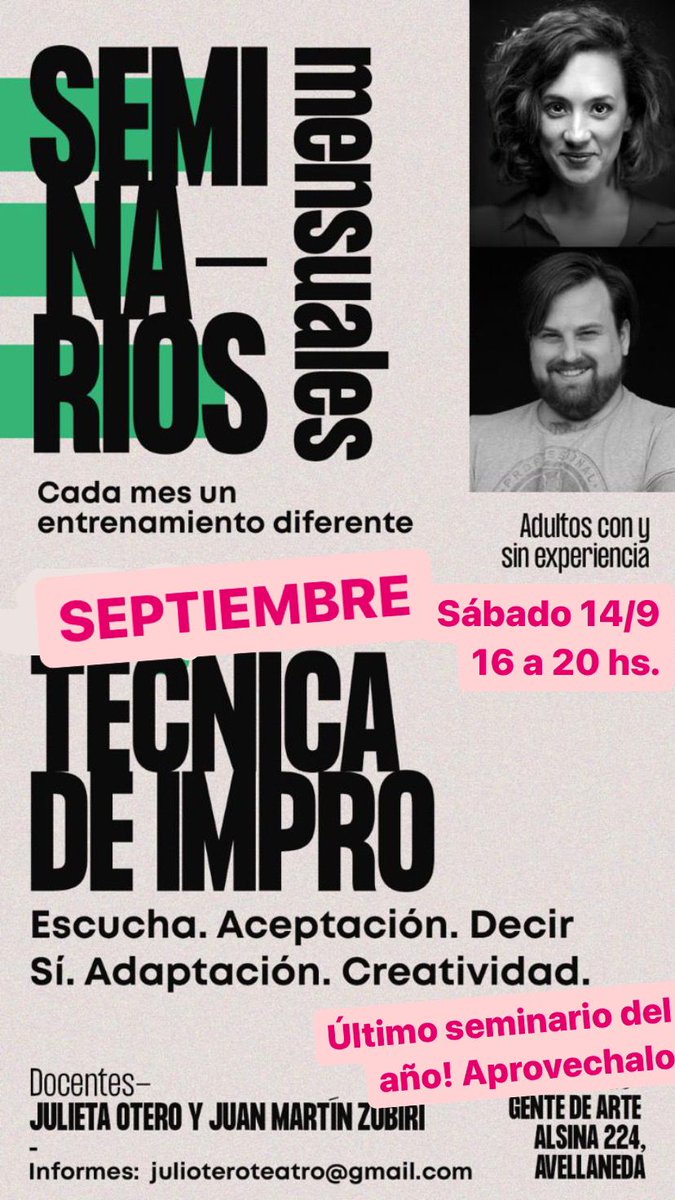 EsChuli's tweet photo. ¡Útimo Seminario del año! Técnica de #Impro 
Sábado 14 de Septiembre, de 16 a 20 hs
En: Gente de Arte, Alsina 224, Avellaneda.
Qué vamos a hacer? Trabajar la Escucha, la Aceptación, la Adaptación, la Creatividad. Y Decir sí.

📷 INFORMES julioteroteatro@gmail.com https://t.co/6NDywrYbTg