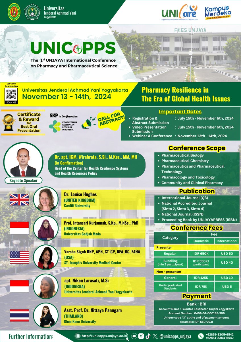 unicopps_unjaya's tweet photo. First Announcement!
The 1st UNJAYA International Conference on Pharmacy and Pharmaceutical Science (UNICoPPS) 
We are pleased to invite you to participate in our event UNICOPPS 2024 which will be scheduled on November 13-14th, 2024 at Universitas Jenderal Achmad Yani Yogyakarta. https://t.co/8CNJKW4SLb