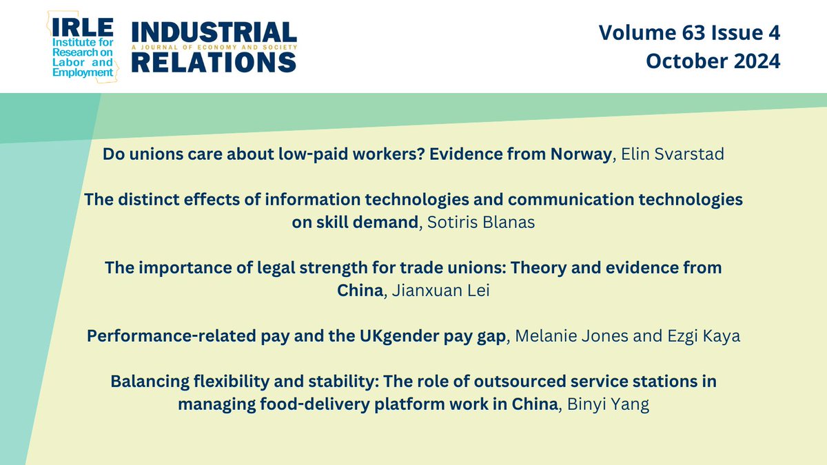 Industrial Relations (@ir_berkeley) on Twitter photo Here's a sneak preview of our final edition of <a href="/IR_Berkeley/">Industrial Relations</a> in 2024, due out in October. Includes papers on performance pay and the gender pay gap, ICT and labor demand, union strength in China, unionization in Norway, and the labor implications of gig work in China
<a href="/IRLEUCB/">IRLE UC Berkeley</a> Here's a sneak preview of our final edition of <a href="/IR_Berkeley/">Industrial Relations</a> in 2024, due out in October. Includes papers on performance pay and the gender pay gap, ICT and labor demand, union strength in China, unionization in Norway, and the labor implications of gig work in China
<a href="/IRLEUCB/">IRLE UC Berkeley</a>