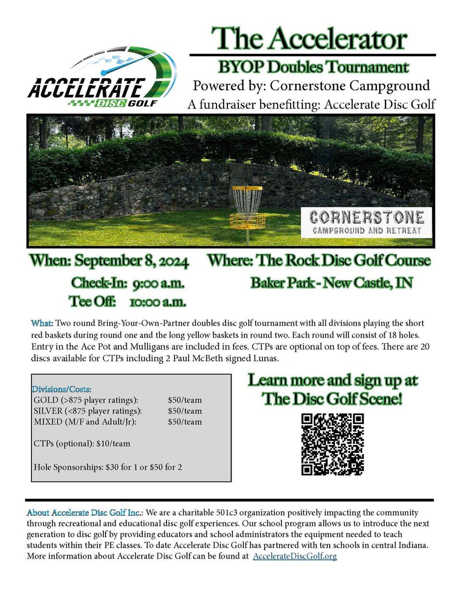 The Accelerator BYOP Doubles Disc Golf Tournament to benefit Accelerate Disc Golf! September 8th at “The Rock”  disc golf Course in New Castle. Sign up now on disc golf scene!
